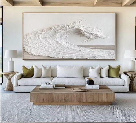 Handmade Oil Painting White Wave Textured Art - Elegant Coastal Relief Sculpture
